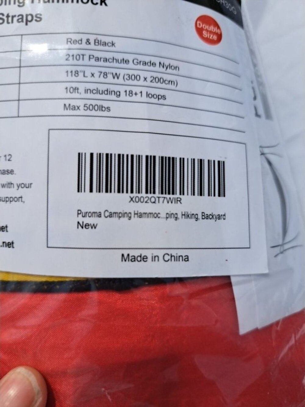 New Puroma Double Camping Hammock 118"x78" 210T Parachute Nylon Straps Red Black - Picture 3 of 7